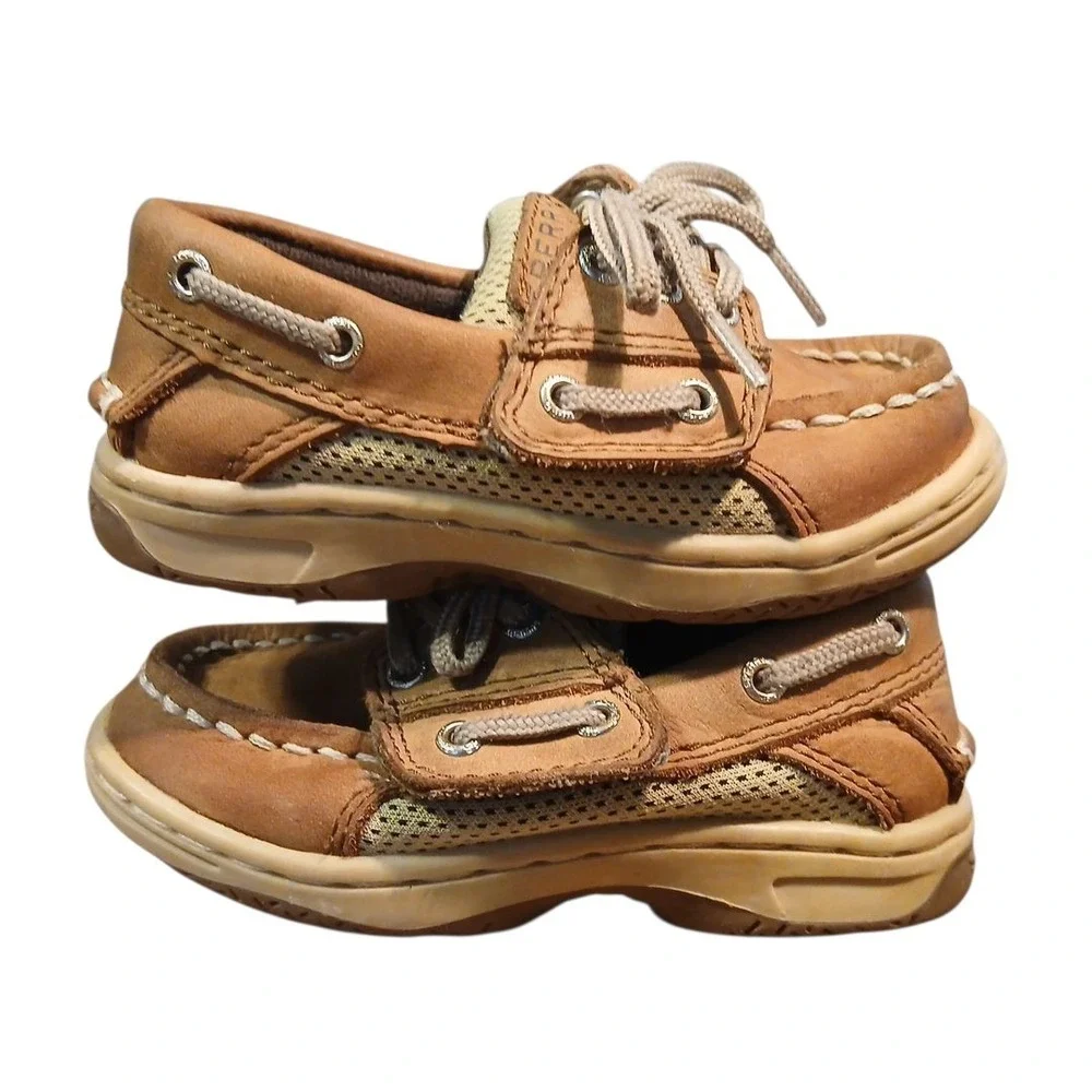 Sperry Toddler Boys Size 5M Top Sider Brown Leather Boat Shoes Hook & Loop Close